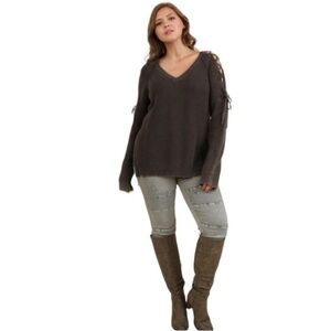 UMGEE LACE UP SWEATER PULLOVER ASH GREY MINERAL WASHED RIBBED TOP S